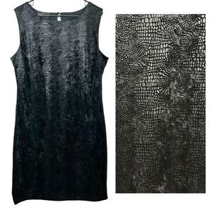 CAROLE LITTLE Black Snake Print DRESS 16 Velvet Shiny Goth Witchy Sheath Vintage